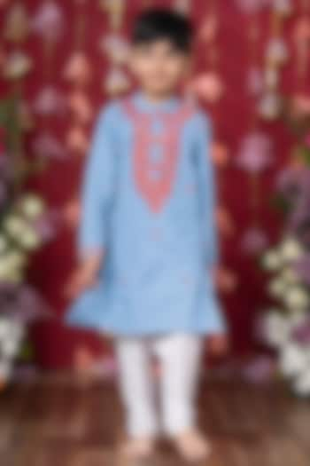 Blue Soft Denim Embroidered Kurta Set For Boys by Kirti Agarwal Pret n Couture