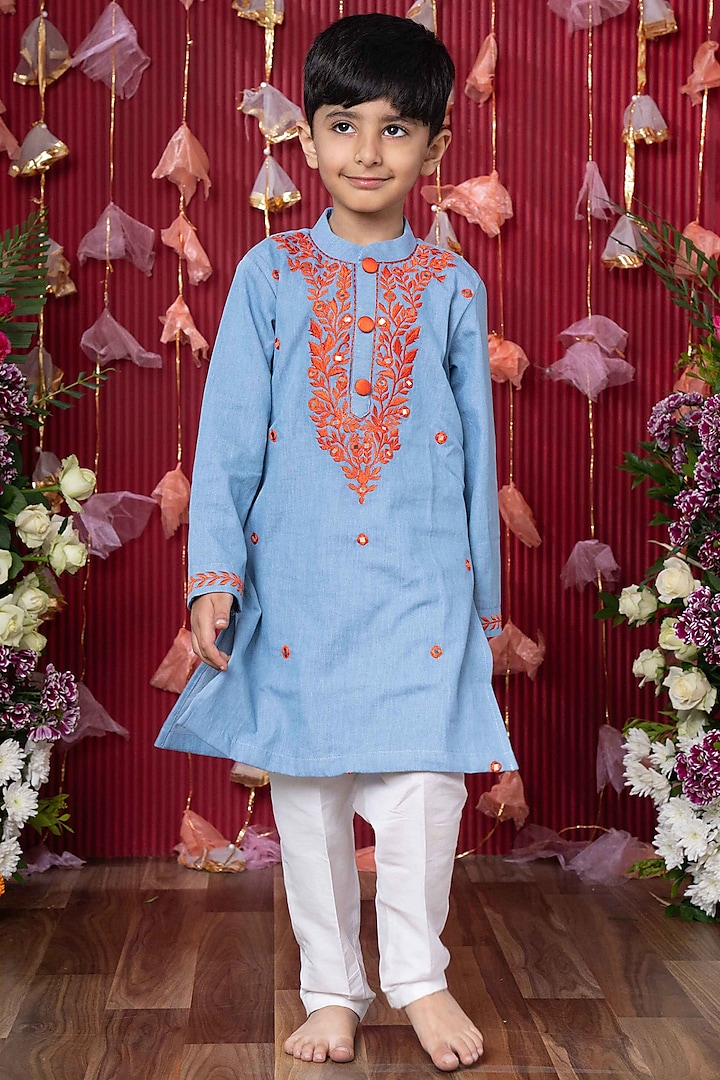 Blue Soft Denim Embroidered Kurta Set For Boys by Kirti Agarwal Pret n Couture