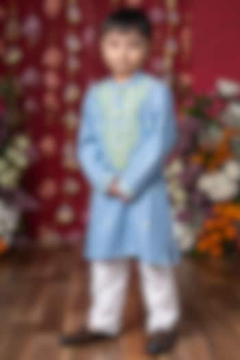 Blue Soft Denim Embroidered Kurta Set For Boys by Kirti Agarwal Pret n Couture