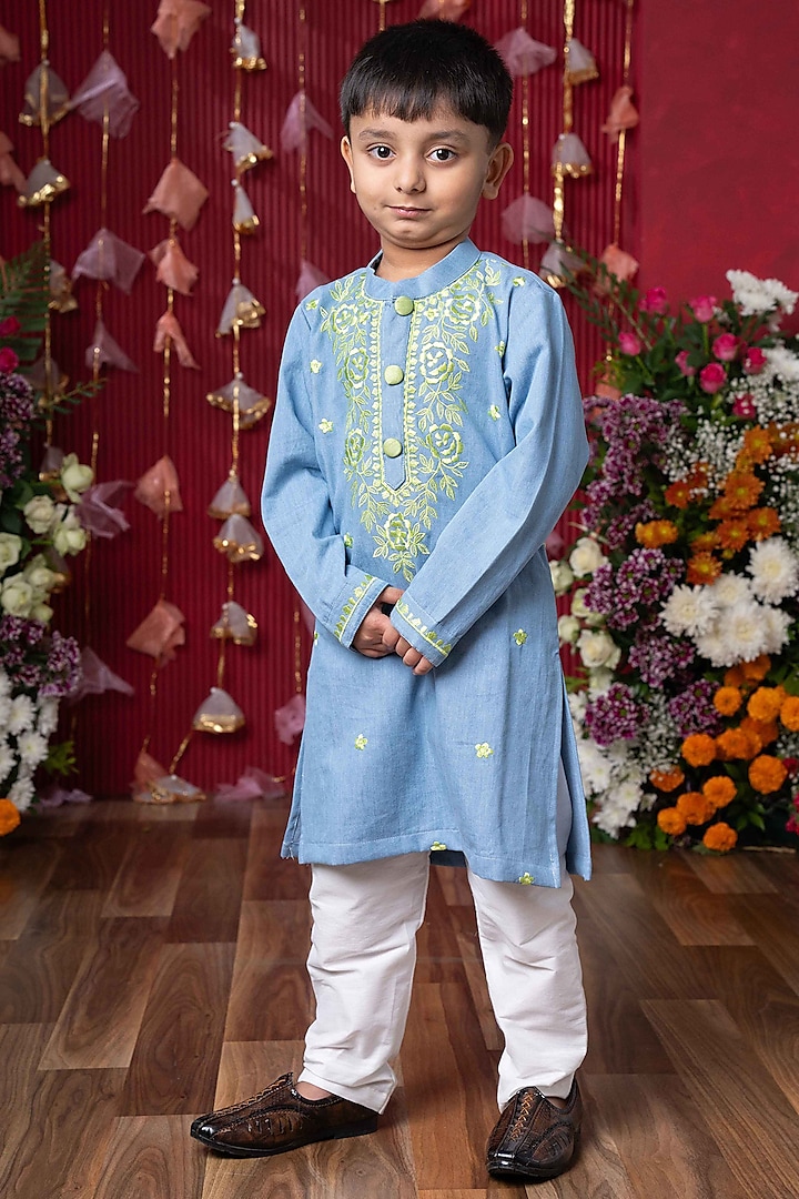 Blue Soft Denim Embroidered Kurta Set For Boys by Kirti Agarwal Pret n Couture