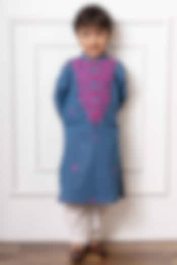 Blue Soft Denim Embroidered Kurta Set For Boys by Kirti Agarwal Pret n Couture