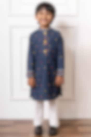 Blue Soft Denim Embroidered Kurta Set For Boys by Kirti Agarwal Pret n Couture