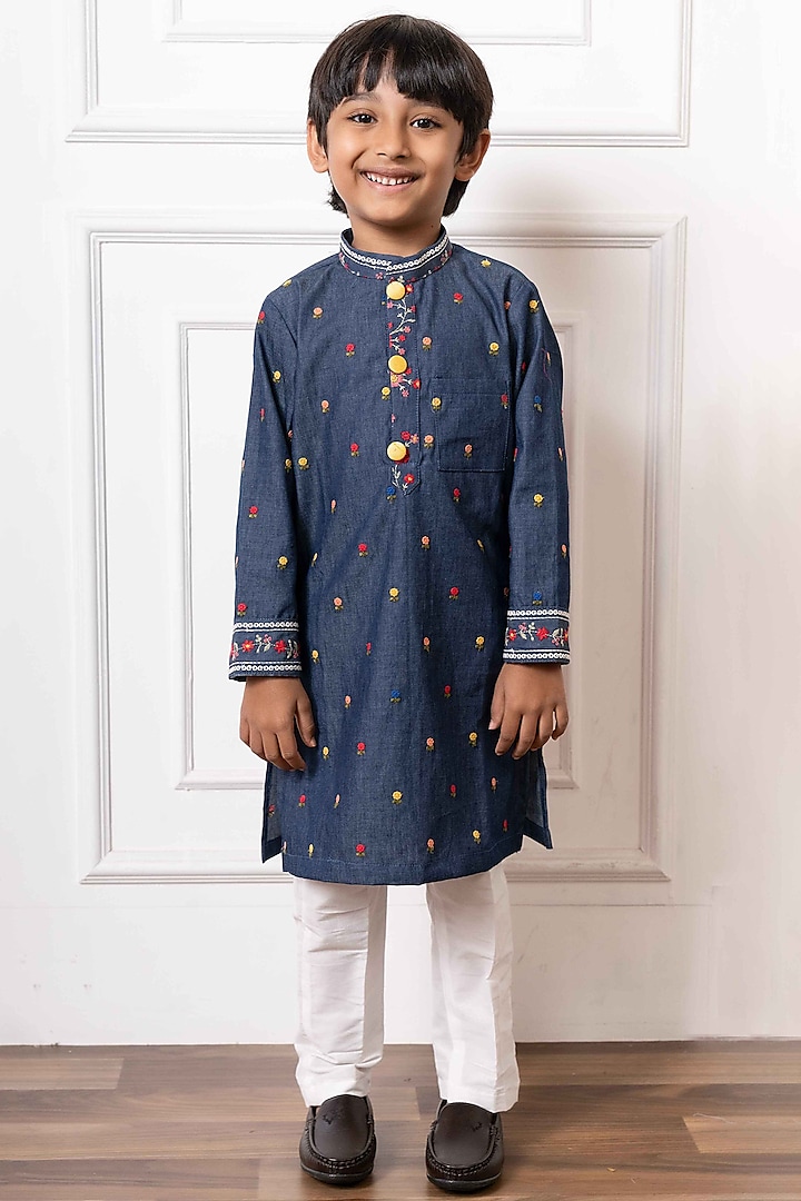 Blue Soft Denim Embroidered Kurta Set For Boys by Kirti Agarwal Pret n Couture