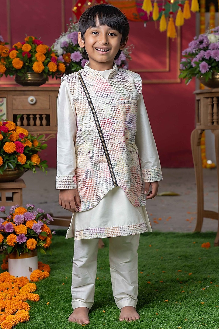 Multi-Colored Spun Silk Embroidered Nehru Jacket Set For Boys by Kirti Agarwal Pret n Couture