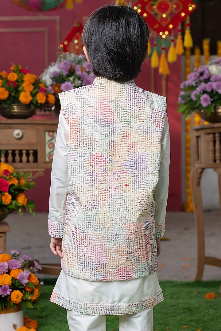 Multi-Colored Spun Silk Embroidered Nehru Jacket Set For Boys by Kirti Agarwal Pret n Couture at Pernia's Pop Up Shop