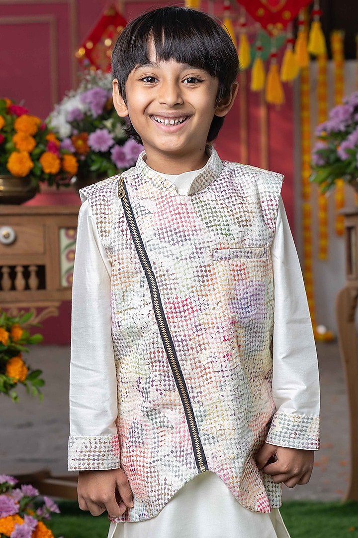 Multi-Colored Spun Silk Embroidered Nehru Jacket Set For Boys by Kirti Agarwal Pret n Couture at Pernia's Pop Up Shop