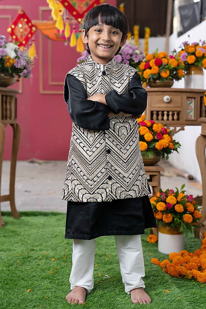 Black & Silver Silk & Crepe Embroidered Nehru Jacket Set For Boys by Kirti Agarwal Pret n Couture