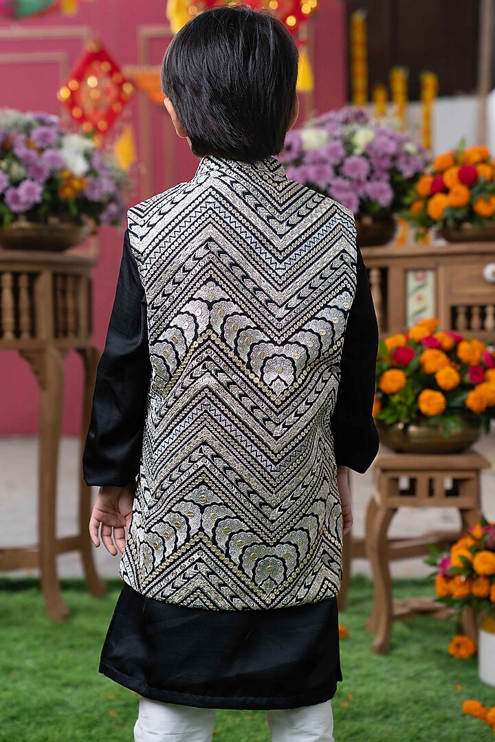 Black & Silver Silk & Crepe Embroidered Nehru Jacket Set For Boys by Kirti Agarwal Pret n Couture at Pernia's Pop Up Shop
