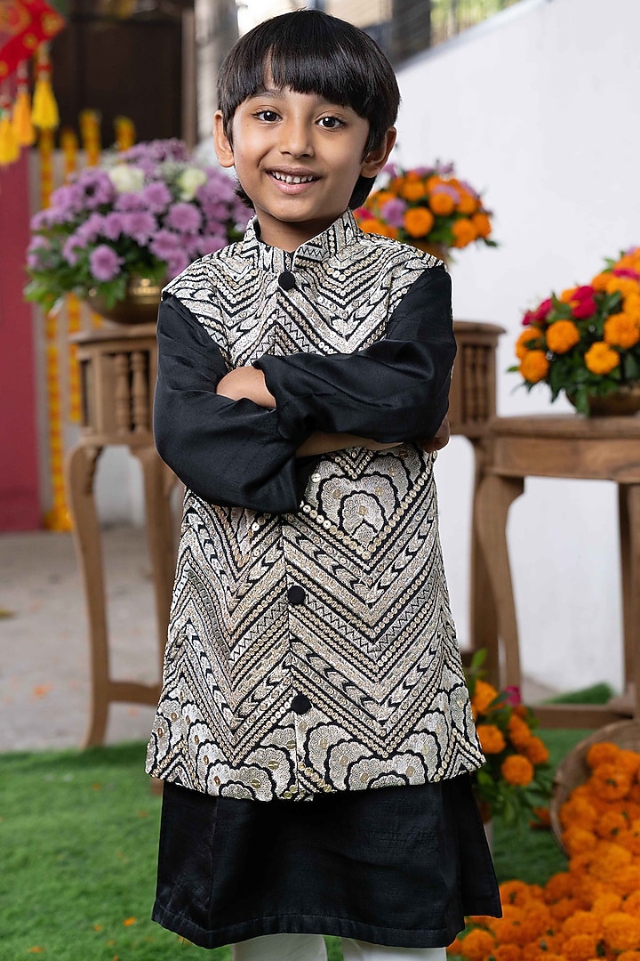 Black & Silver Silk & Crepe Embroidered Nehru Jacket Set For Boys by Kirti Agarwal Pret n Couture at Pernia's Pop Up Shop