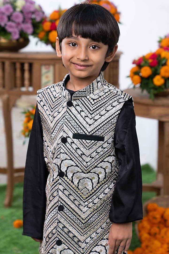 Black & Silver Silk & Crepe Embroidered Nehru Jacket Set For Boys by Kirti Agarwal Pret n Couture at Pernia's Pop Up Shop