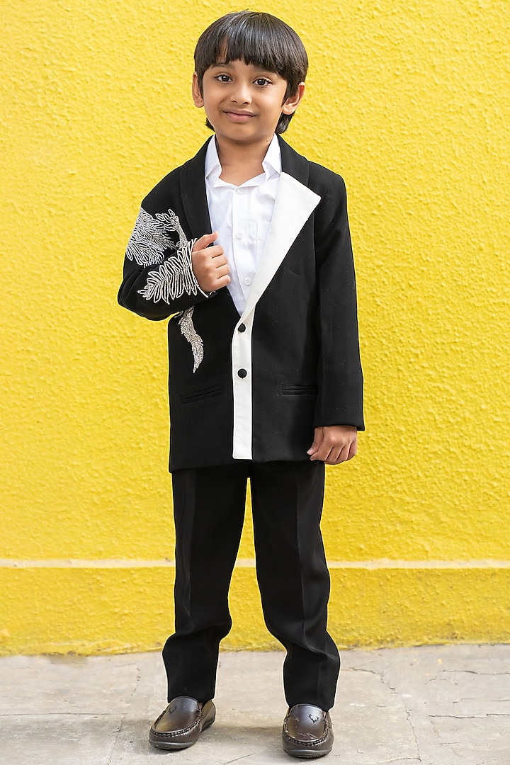 Black Armani & Giza Cotton Embroidered Blazer Set For Boys by Kirti Agarwal Pret n Couture