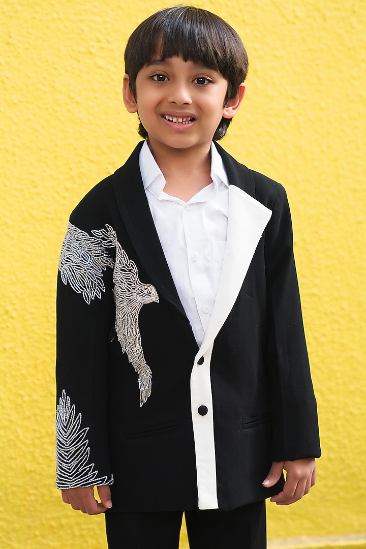 Black Armani & Giza Cotton Embroidered Blazer Set For Boys by Kirti Agarwal Pret n Couture at Pernia's Pop Up Shop