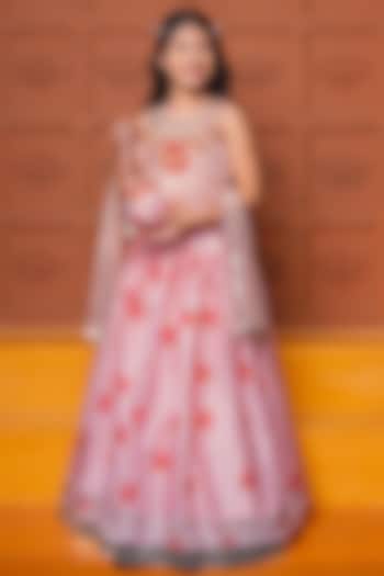 Peach Chanderi & Silk Modal Satin Floral Printed Lehenga Set For Girls by Kirti Agarwal Pret n Couture at Pernia's Pop Up Shop
