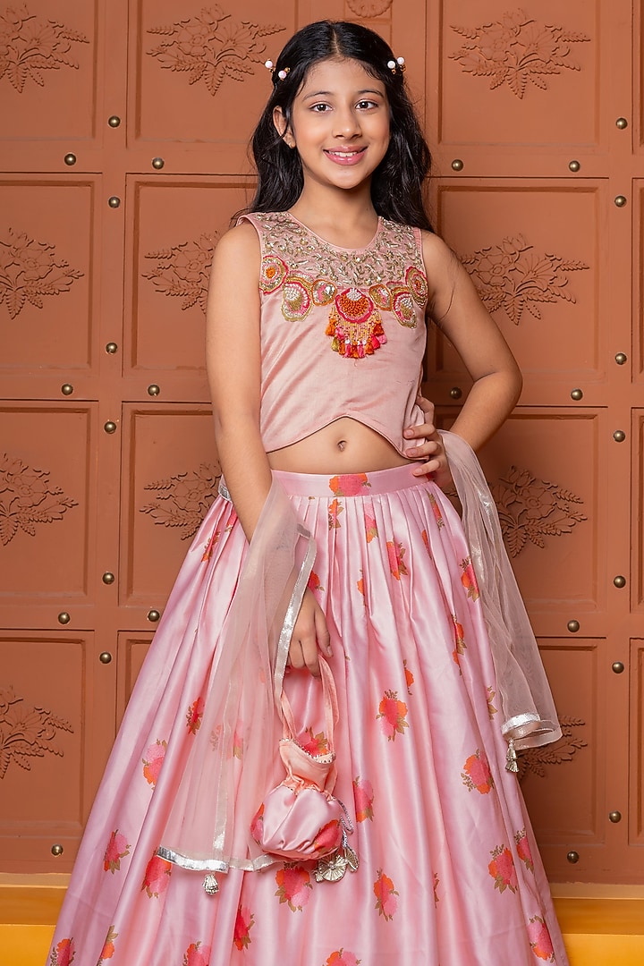 Peach Chanderi & Silk Modal Satin Floral Printed Lehenga Set For Girls by Kirti Agarwal Pret n Couture at Pernia's Pop Up Shop