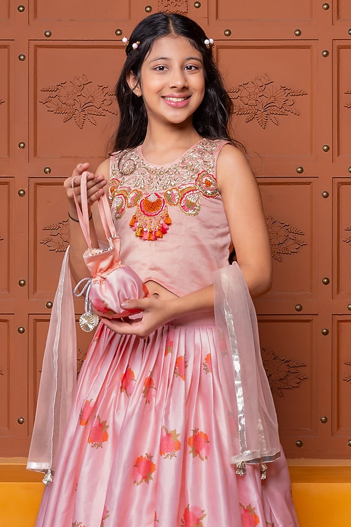 Peach Chanderi & Silk Modal Satin Floral Printed Lehenga Set For Girls by Kirti Agarwal Pret n Couture at Pernia's Pop Up Shop