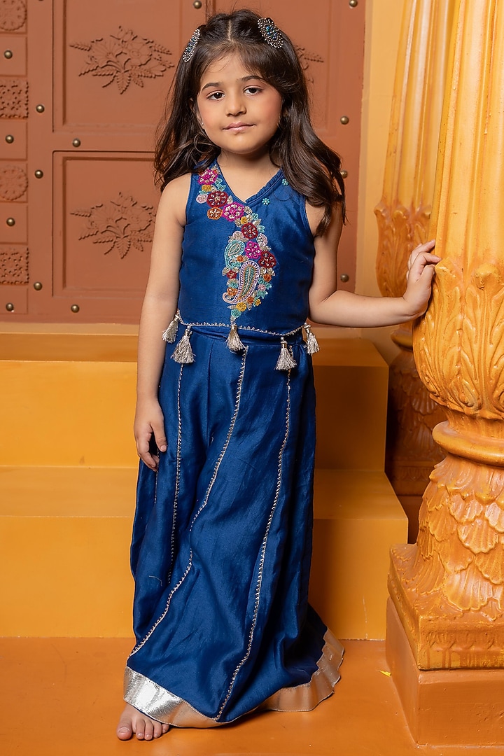 Blue Pure Chanderi Silk Palazzo Pants Set For Girls by Kirti Agarwal Pret n Couture at Pernia's Pop Up Shop