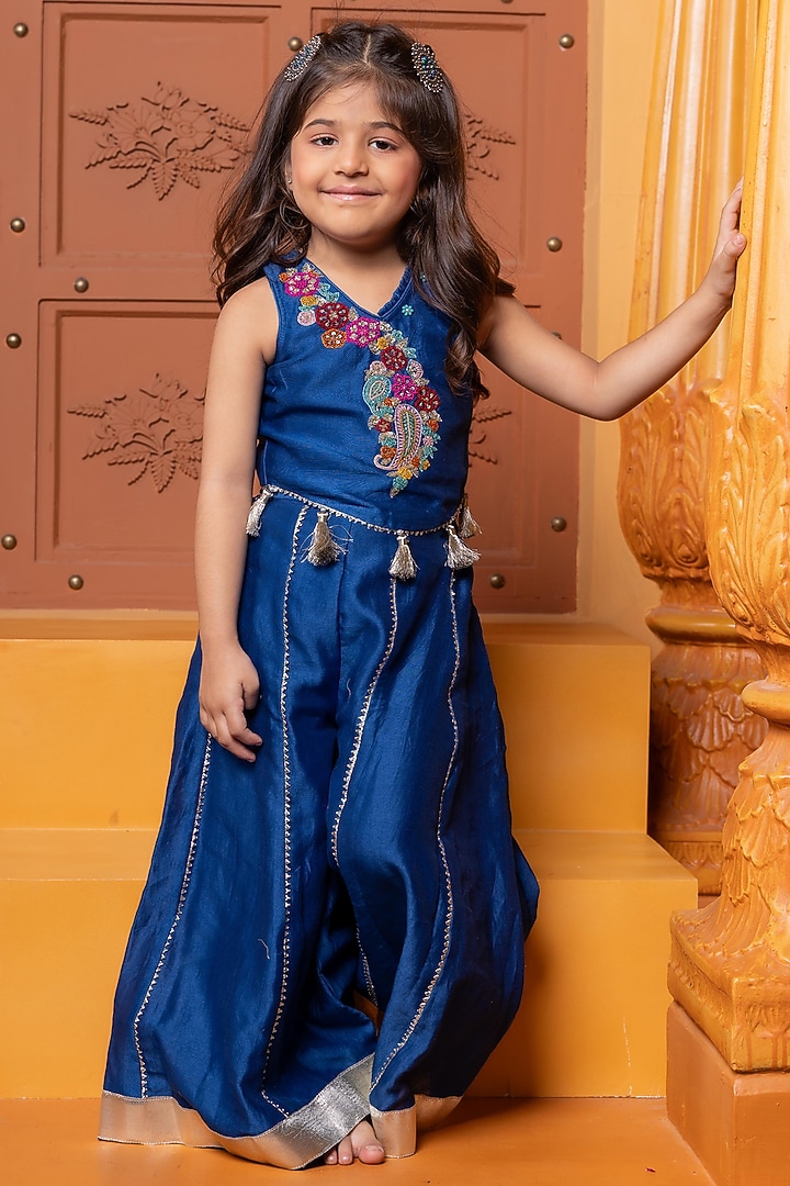 Blue Pure Chanderi Silk Palazzo Pants Set For Girls by Kirti Agarwal Pret n Couture at Pernia's Pop Up Shop