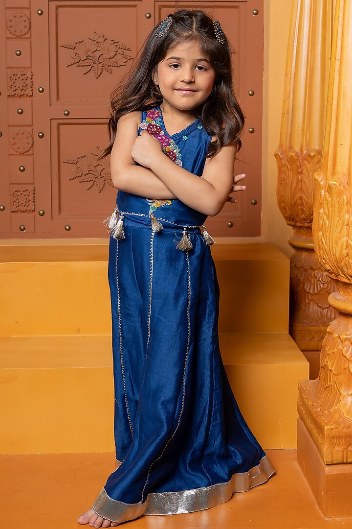 Blue Pure Chanderi Silk Palazzo Pants Set For Girls by Kirti Agarwal Pret n Couture at Pernia's Pop Up Shop