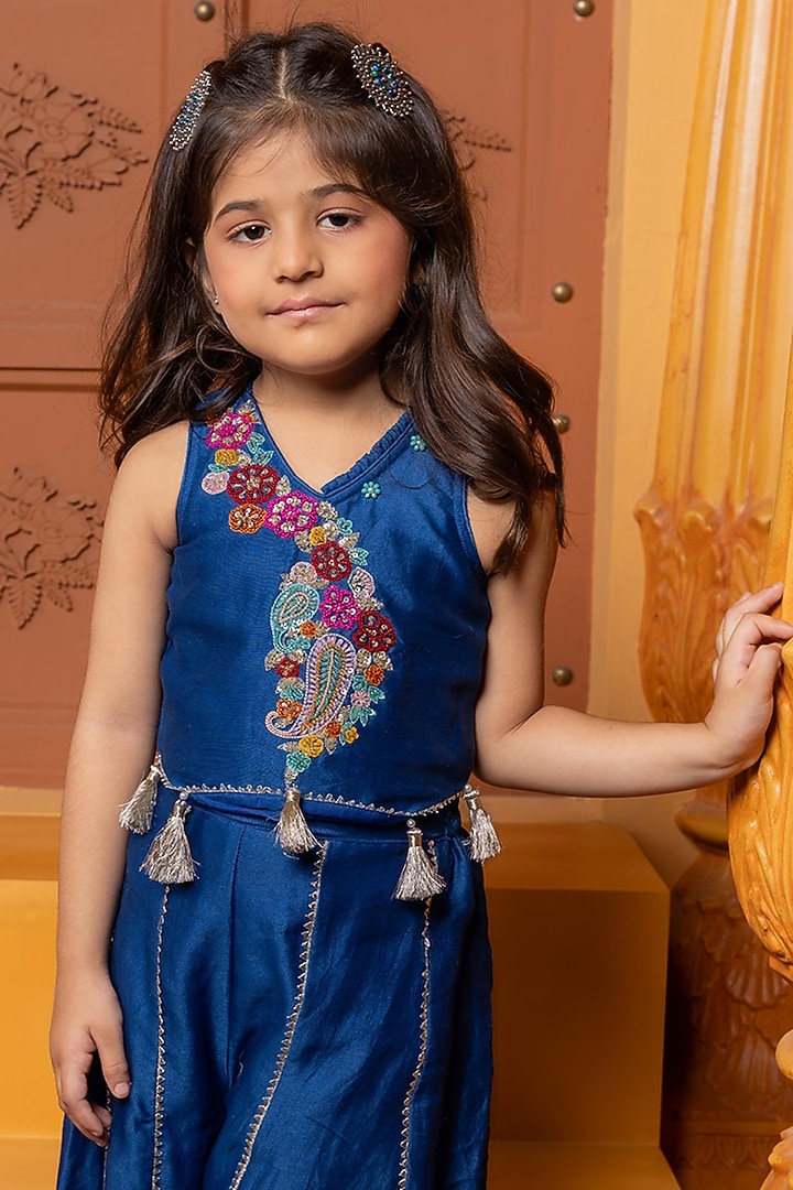Blue Pure Chanderi Silk Palazzo Pants Set For Girls by Kirti Agarwal Pret n Couture at Pernia's Pop Up Shop