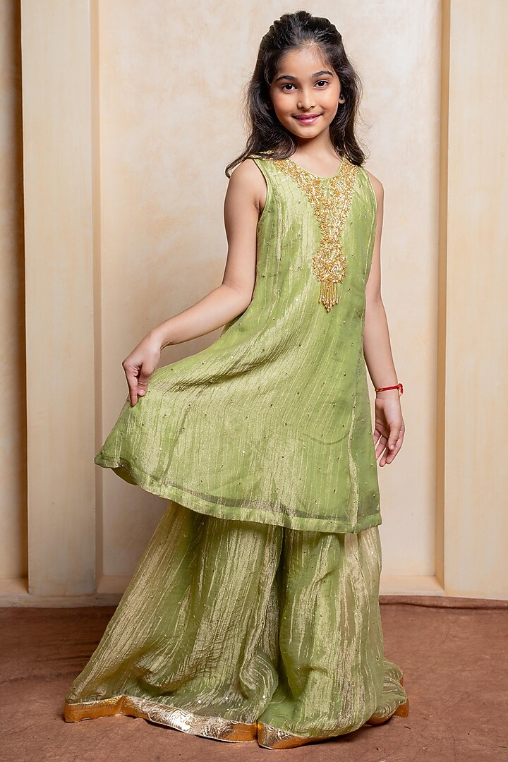 Elaichi Green Tissue Silk Sequins Embroidered Kurta Set For Girls by Kirti Agarwal Pret n Couture at Pernia's Pop Up Shop
