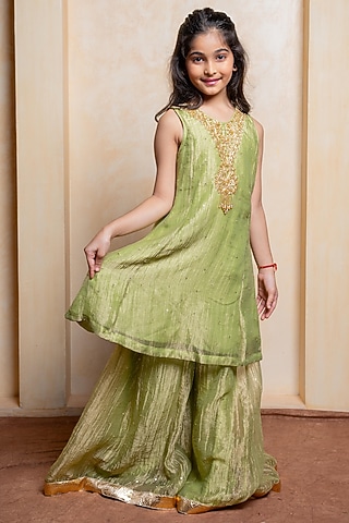 Elaichi Green Tissue Silk Sequins Embroidered Kurta Set For Girls by Kirti Agarwal Pret n Couture