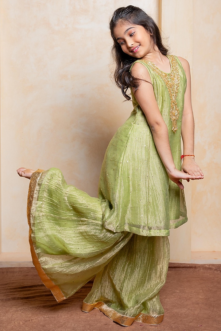 Elaichi Green Tissue Silk Sequins Embroidered Kurta Set For Girls by Kirti Agarwal Pret n Couture at Pernia's Pop Up Shop