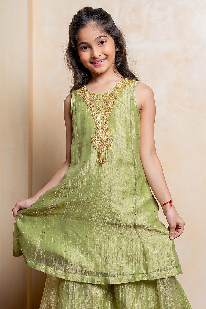 Elaichi Green Tissue Silk Sequins Embroidered Kurta Set For Girls by Kirti Agarwal Pret n Couture at Pernia's Pop Up Shop