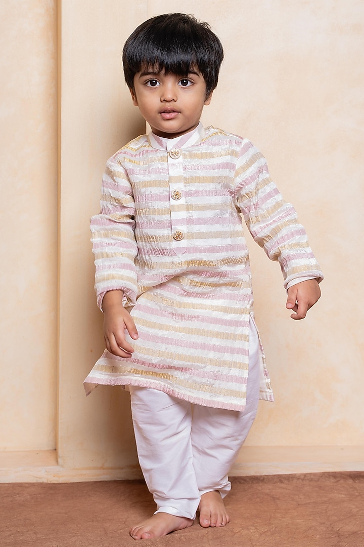Blush Pink & Gold Tissue Silk Striped Printed Kurta Set For Boys by Kirti Agarwal Pret n Couture at Pernia's Pop Up Shop