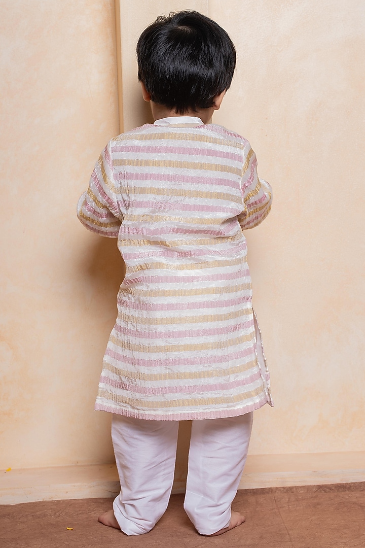 Blush Pink & Gold Tissue Silk Striped Printed Kurta Set For Boys by Kirti Agarwal Pret n Couture at Pernia's Pop Up Shop