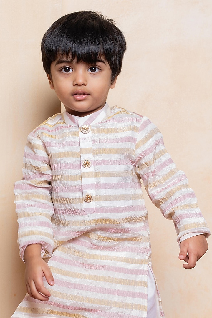 Blush Pink & Gold Tissue Silk Striped Printed Kurta Set For Boys by Kirti Agarwal Pret n Couture at Pernia's Pop Up Shop