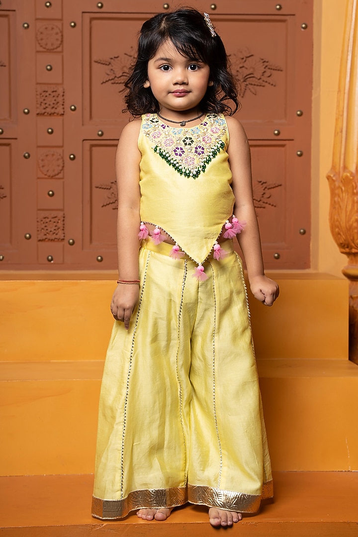 Yellow Pure Chanderi Silk Palazzo Pants Set For Girls by Kirti Agarwal Pret n Couture at Pernia's Pop Up Shop