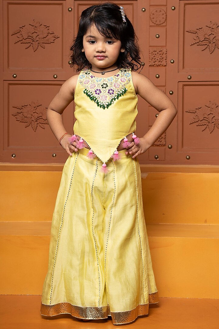 Yellow Pure Chanderi Silk Palazzo Pants Set For Girls by Kirti Agarwal Pret n Couture at Pernia's Pop Up Shop
