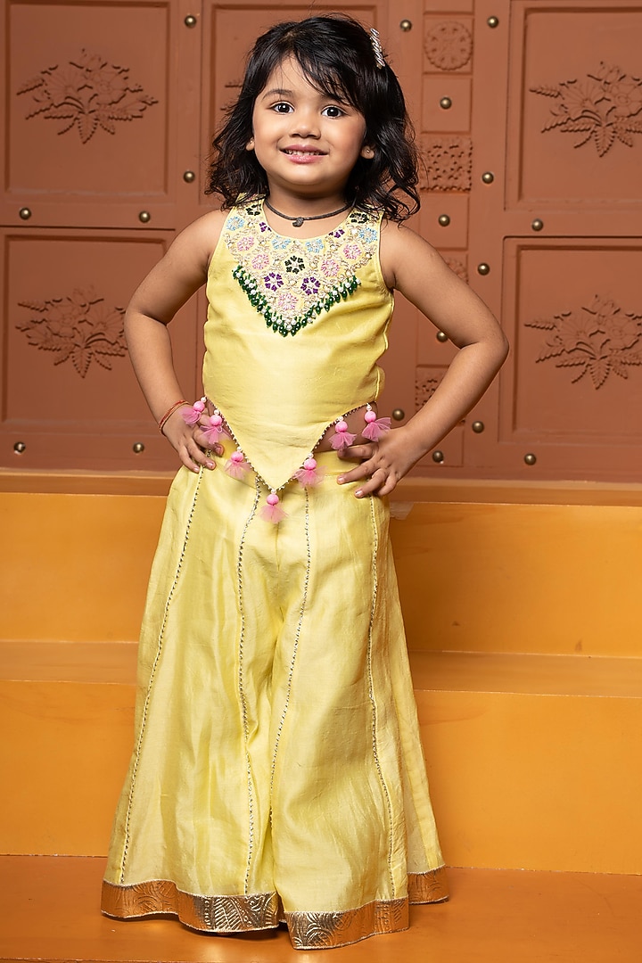 Yellow Pure Chanderi Silk Palazzo Pants Set For Girls by Kirti Agarwal Pret n Couture at Pernia's Pop Up Shop
