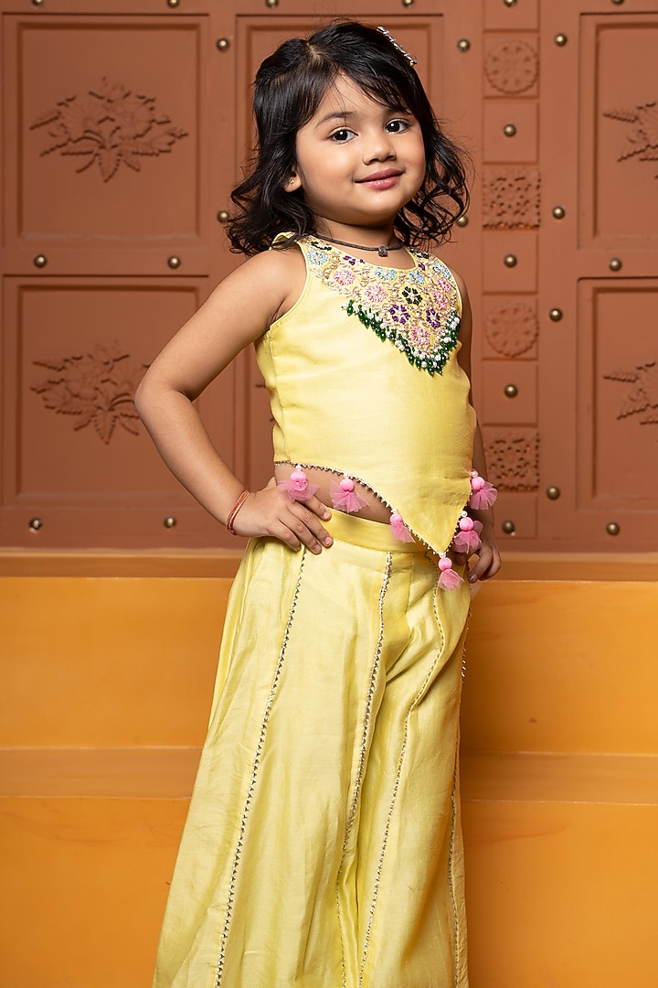 Yellow Pure Chanderi Silk Palazzo Pants Set For Girls by Kirti Agarwal Pret n Couture at Pernia's Pop Up Shop