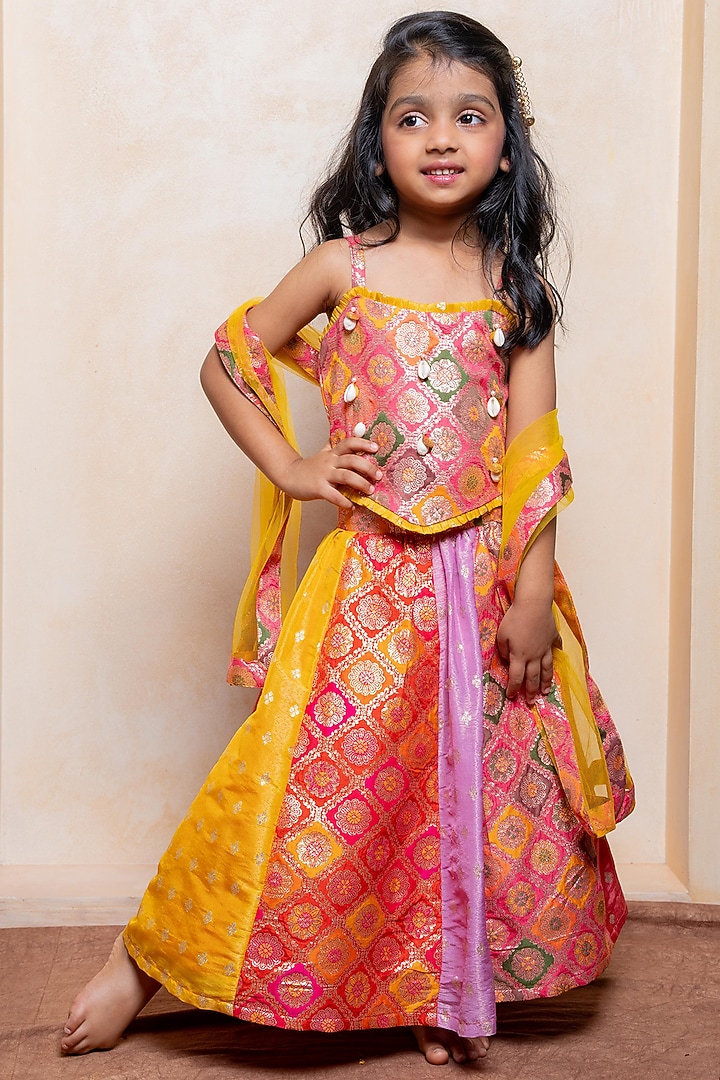 Multi-Colored Brocade Silk & Net Embroidered Lehenga Set For Girls by Kirti Agarwal Pret n Couture at Pernia's Pop Up Shop