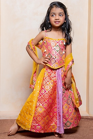 Multi-Colored Brocade Silk & Net Embroidered Lehenga Set For Girls by Kirti Agarwal Pret n Couture