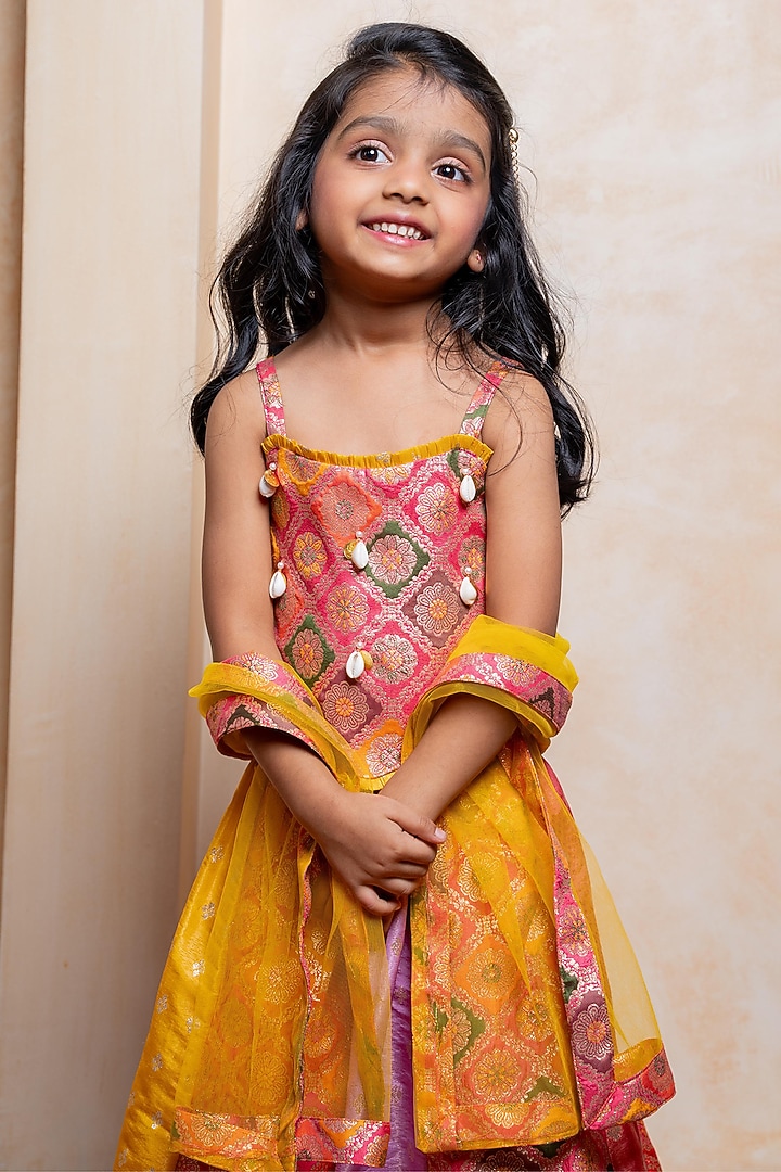 Multi-Colored Brocade Silk & Net Embroidered Lehenga Set For Girls by Kirti Agarwal Pret n Couture at Pernia's Pop Up Shop