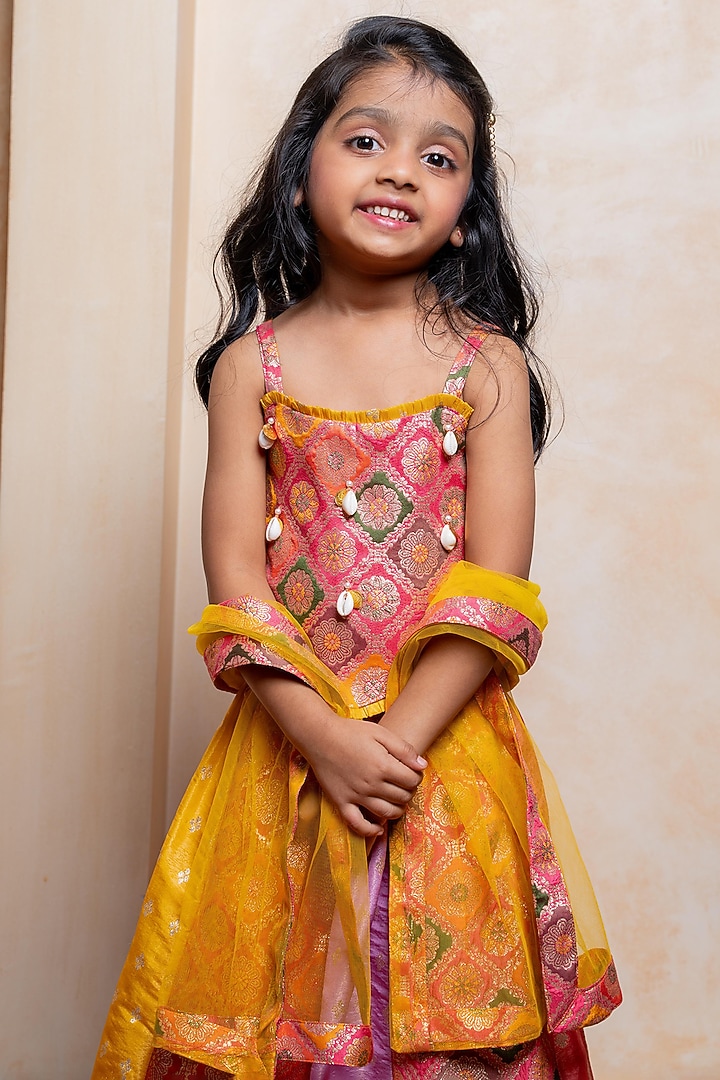 Multi-Colored Brocade Silk & Net Embroidered Lehenga Set For Girls by Kirti Agarwal Pret n Couture at Pernia's Pop Up Shop