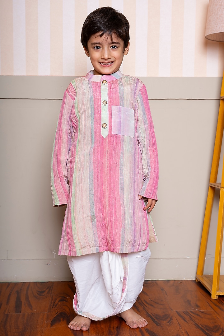 Multi-Colored Crushed Tissue & Cotton Silk Embroidered Kurta Set For Boys by Kirti Agarwal Pret n Couture at Pernia's Pop Up Shop
