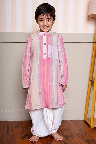 Multi-Colored Crushed Tissue & Cotton Silk Embroidered Kurta Set For Boys by Kirti Agarwal Pret n Couture