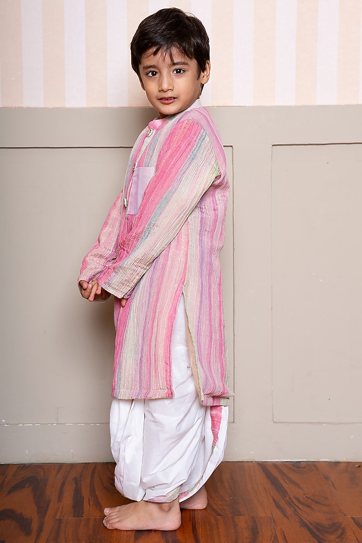 Multi-Colored Crushed Tissue & Cotton Silk Embroidered Kurta Set For Boys by Kirti Agarwal Pret n Couture at Pernia's Pop Up Shop