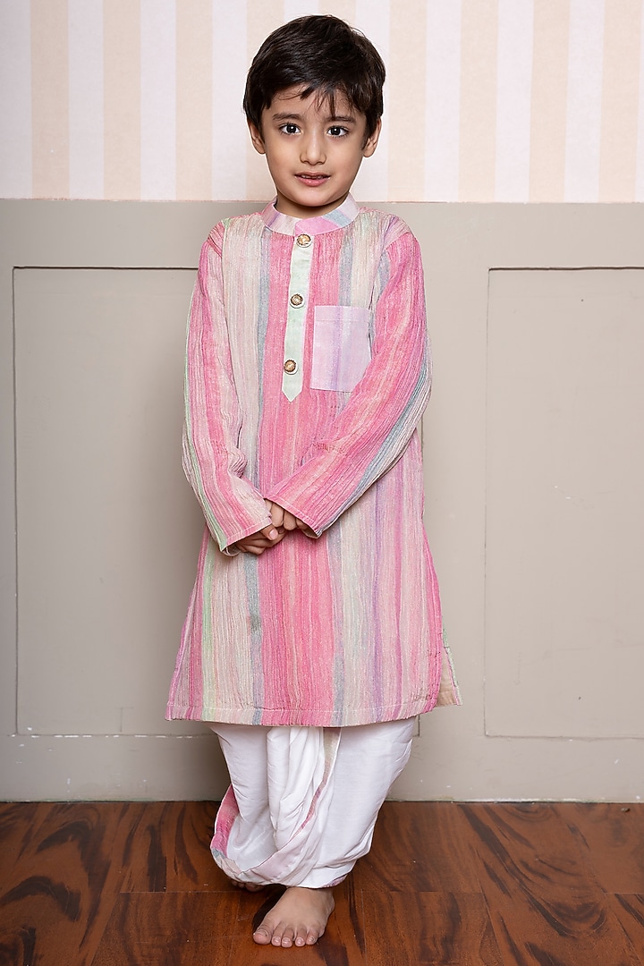 Multi-Colored Crushed Tissue & Cotton Silk Embroidered Kurta Set For Boys by Kirti Agarwal Pret n Couture at Pernia's Pop Up Shop