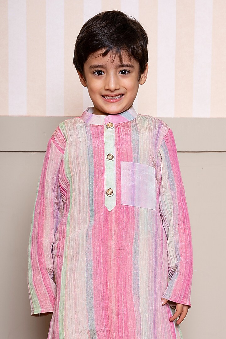 Multi-Colored Crushed Tissue & Cotton Silk Embroidered Kurta Set For Boys by Kirti Agarwal Pret n Couture at Pernia's Pop Up Shop