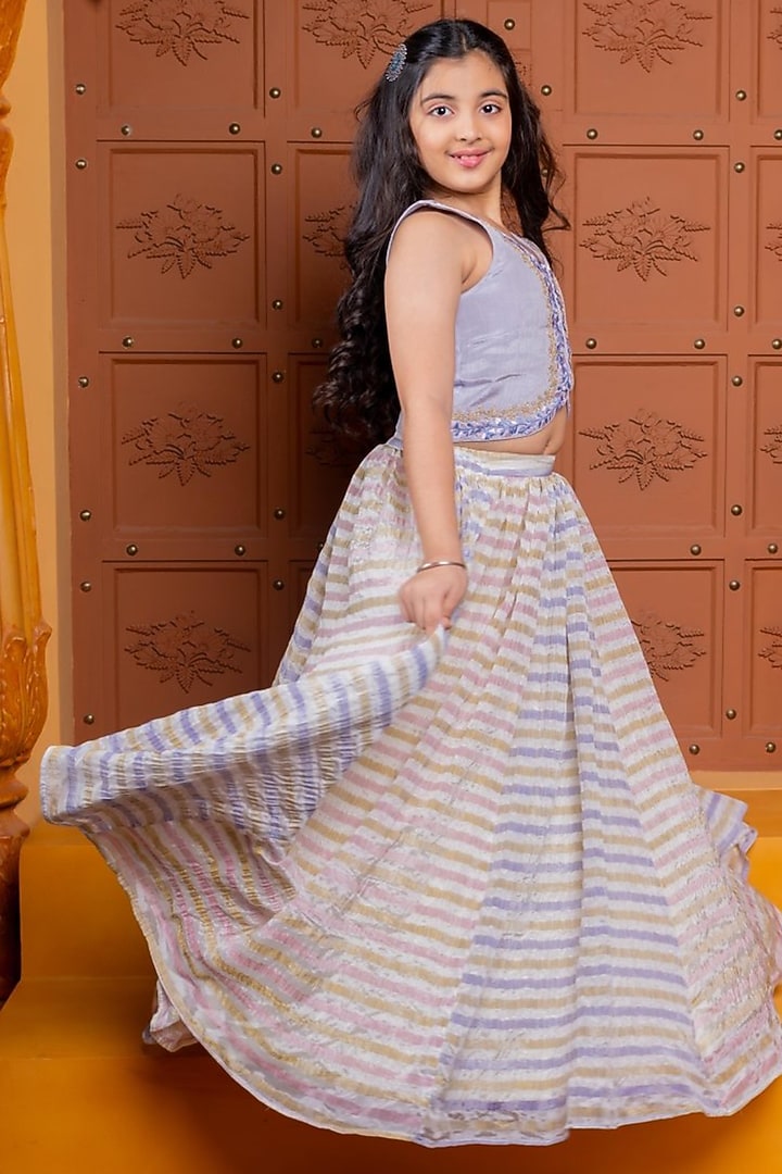 Multi-Colored Tissue Silk Embroidered Lehenga Set For Girls by Kirti Agarwal Pret n Couture at Pernia's Pop Up Shop