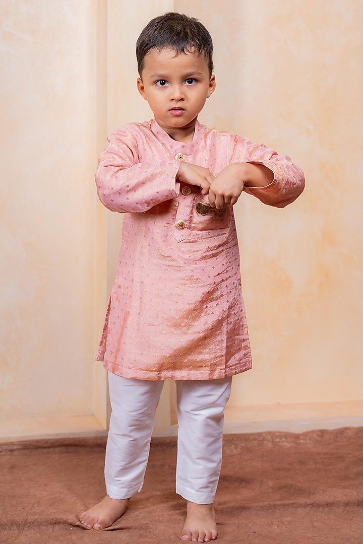 Carrot Pink Silk & Cotton Silk Embellished Kurta Set For Boys by Kirti Agarwal Pret n Couture at Pernia's Pop Up Shop