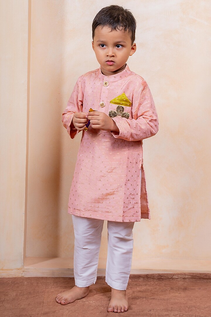 Carrot Pink Silk & Cotton Silk Embellished Kurta Set For Boys by Kirti Agarwal Pret n Couture at Pernia's Pop Up Shop
