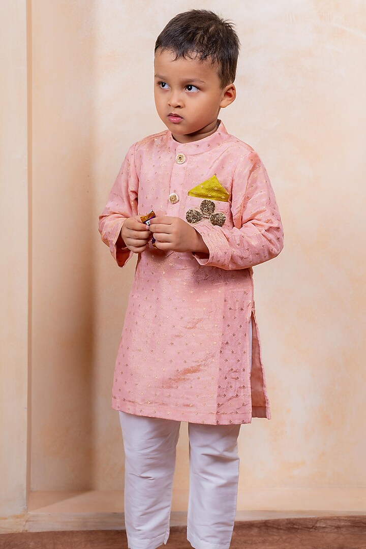 Carrot Pink Silk & Cotton Silk Embellished Kurta Set For Boys by Kirti Agarwal Pret n Couture at Pernia's Pop Up Shop