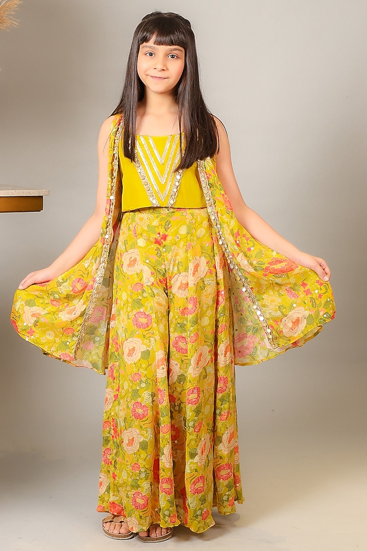 Multi-Colored Crepe Printed & Embroidered Cape Set For Girls by Kirti Agarwal Pret n Couture at Pernia's Pop Up Shop