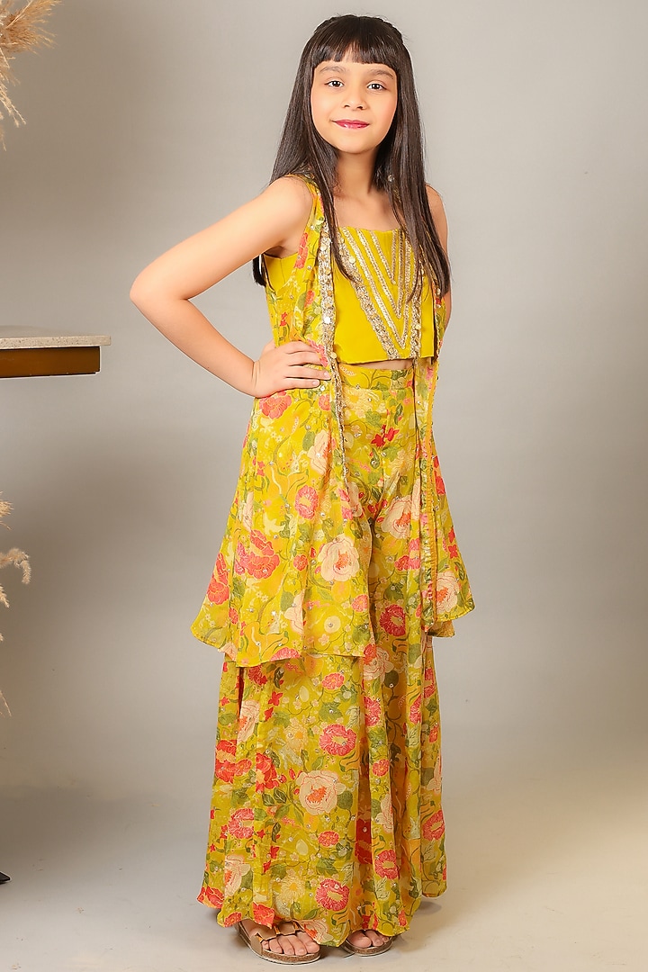 Multi-Colored Crepe Printed & Embroidered Cape Set For Girls by Kirti Agarwal Pret n Couture at Pernia's Pop Up Shop