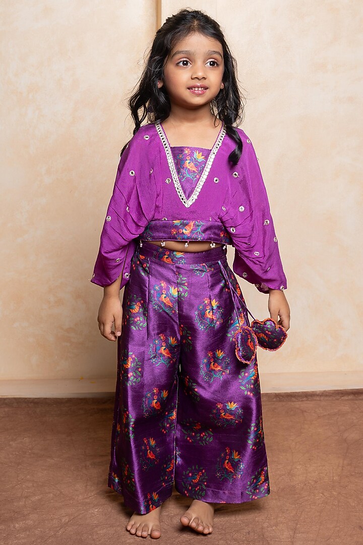 Purple Silk & Chinnon Printed Palazzo Pants Set For Girls by Kirti Agarwal Pret n Couture at Pernia's Pop Up Shop